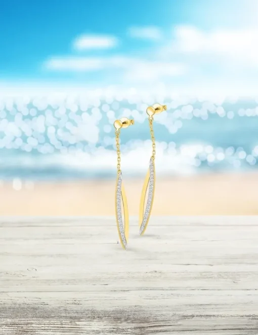 Boucles d'oreilles pendantes feuilles en or jaune 375‰ et oxyde de zirconium SO OR