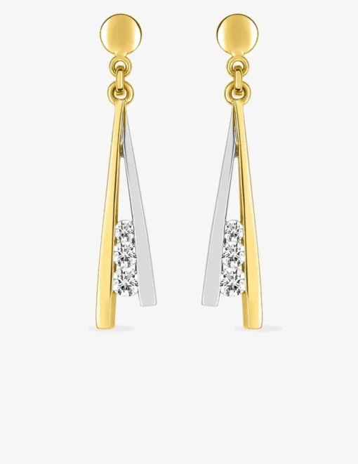 Boucles d'oreilles pendantes or jaune 750 ‰, oxyde de zirconium trilogie et rhodium SO OR