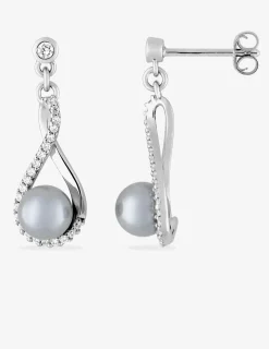 Boucles d'oreilles pendantes perles grises d'imitation argent rhodié 925‰ avec oxyde de zirconium 6 mm SO OR