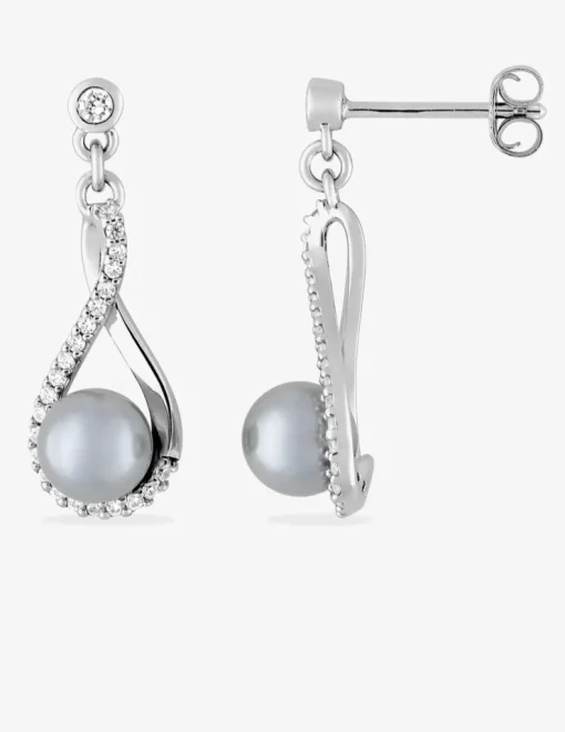Boucles d'oreilles pendantes perles grises d'imitation argent rhodié 925‰ avec oxyde de zirconium 6 mm SO OR
