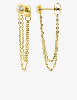 Boucles d'oreilles pendantes chaînes acier doré et cristal synthétique blanc SO OR