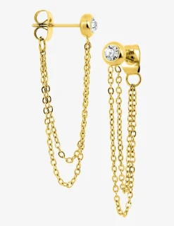 Boucles d'oreilles pendantes chaînes acier doré et cristal synthétique blanc SO OR