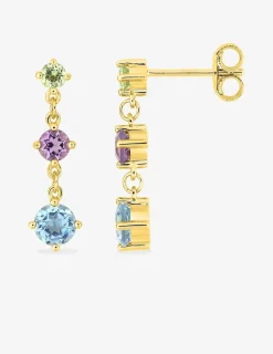 Boucles d'oreilles pendantes or 375 ‰ jaune avec topaze, améthyste et péridot SO OR