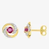 Boucles d'oreilles rosaces or jaune 375‰, rubis et oxyde de zirconium SO OR