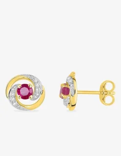 Boucles d'oreilles rosaces or jaune 375‰, rubis et oxyde de zirconium SO OR