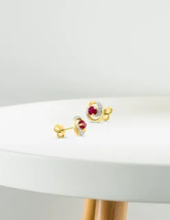 Boucles d'oreilles rosaces or jaune 375‰, rubis et oxyde de zirconium SO OR