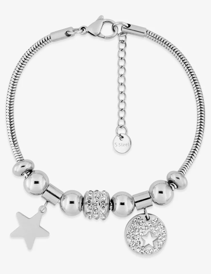 Bracelet acier avec breloques en étoiles avec cristaux synthétiques SO OR