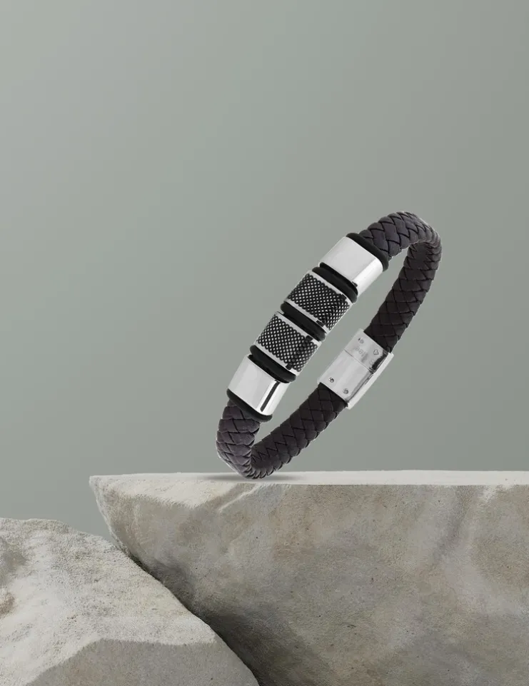 Bracelet acier CARGO cuir marron et caoutchouc noir SO OR