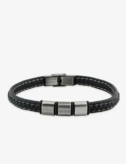 Bracelet acier CARGO et cuir tressé 3 motifs acier brossé finition mate SO OR