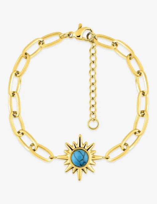 Bracelet acier doré maille alternée et turquoise synthétique 19 cm SO OR