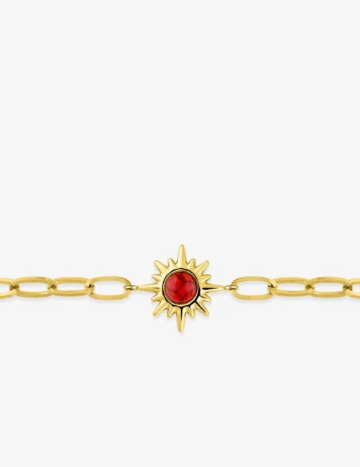 Bracelet acier doré maille alternée et turquoise rouge synthétique 19 cm SO OR