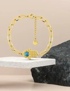 Bracelet acier doré motif main de Fatma et turquoise SO OR