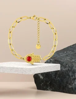 Bracelet acier doré motif main de Fatma et turquoise rouge SO OR
