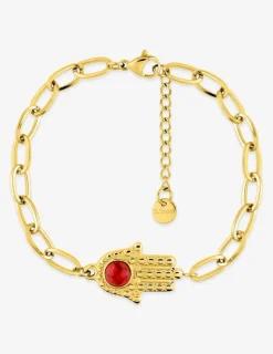Bracelet acier doré motif main de Fatma et turquoise rouge SO OR