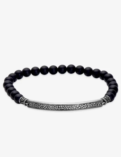 Bracelet acier gris élastique avec perles d'agate noire SO OR