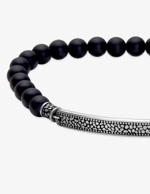 Bracelet acier gris élastique avec perles d'agate noire SO OR