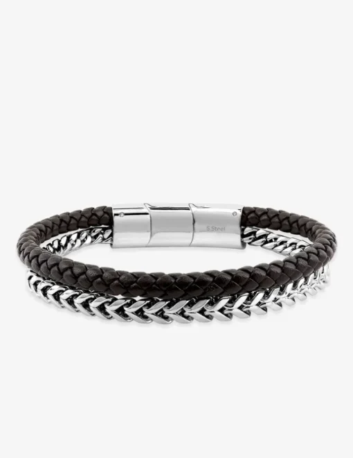 Bracelet acier gris maille et cordon noir SO OR