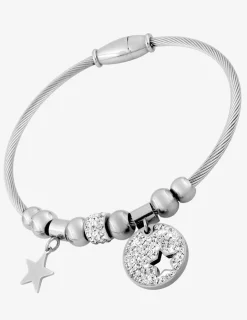 Bracelet acier rigide, jonc avec breloques et cristaux synthétiques SO OR