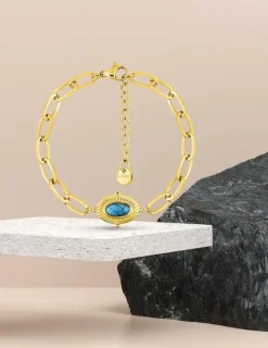 Bracelet alternée acier doré et motif ovale, turquoise synthétique SO OR