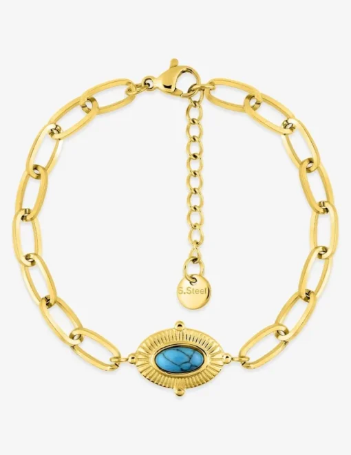Bracelet alternée acier doré et motif ovale, turquoise synthétique SO OR