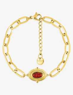 Bracelet alternée acier doré et motif ovale, turquoise rouge synthétique SO OR