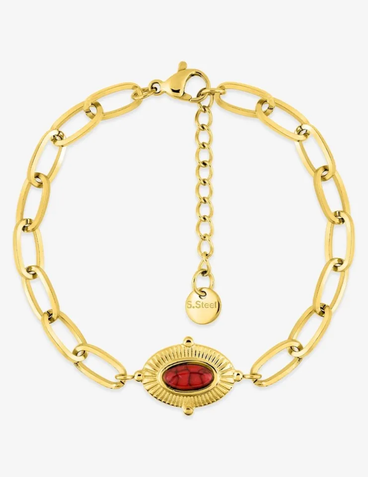 Bracelet alternée acier doré et motif ovale, turquoise rouge synthétique SO OR