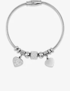 Bracelet câble acier, breloques cœur et cristaux blancs SO OR