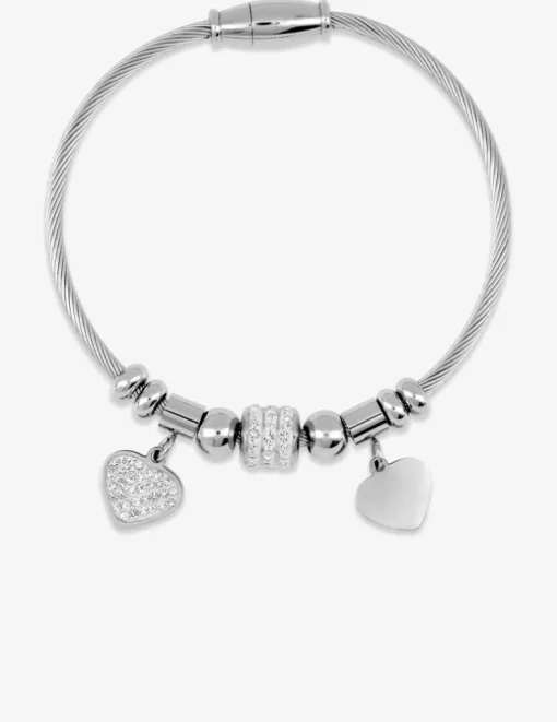 Bracelet câble acier, breloques cœur et cristaux blancs SO OR
