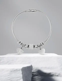 Bracelet câble acier, breloques cœur et cristaux blancs SO OR
