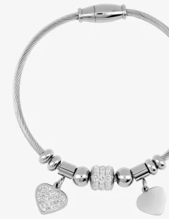 Bracelet câble acier, breloques cœur et cristaux blancs SO OR