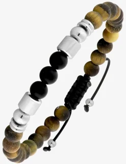 Bracelet cordon œil-de-tigre, agate noire et breloques acier SO OR
