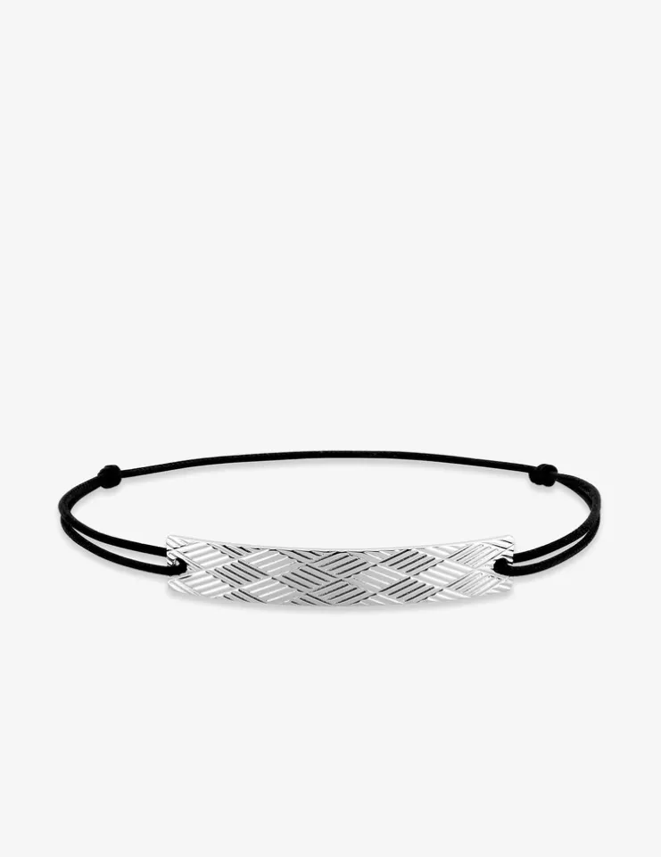 Bracelet cordon noir avec plaque argent rhodié 925 ‰ motif géométrique SO OR