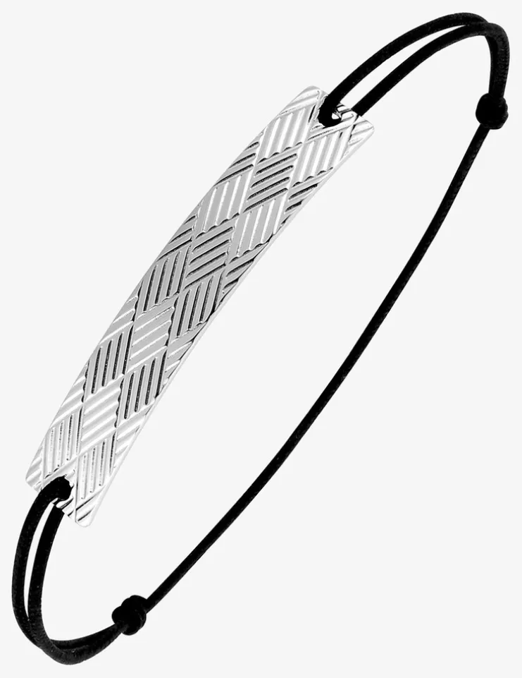 Bracelet cordon noir avec plaque argent rhodié 925 ‰ motif géométrique SO OR