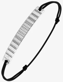 Bracelet cordon noir avec plaque argent rhodié 925 ‰ avec motif vague SO OR