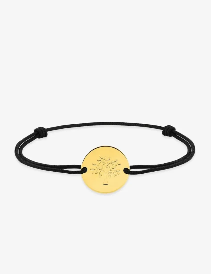 Bracelet cordon noir et jeton or 750 ‰ jaune arbre de vie SO OR
