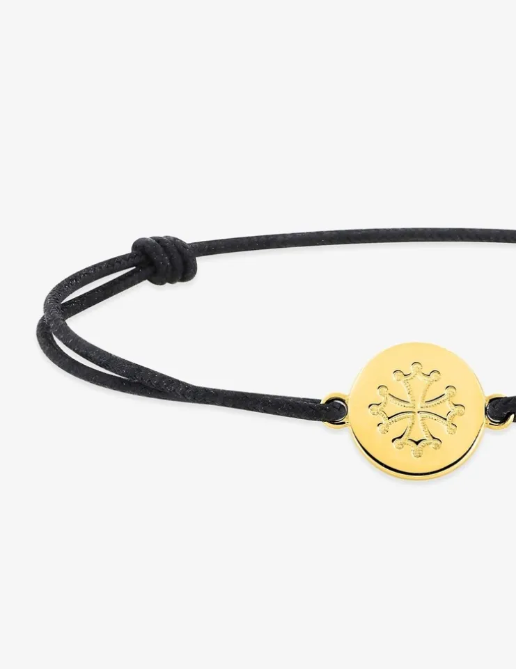 Bracelet cordon noir et jeton or 375 ‰ jaune croix occitane SO OR