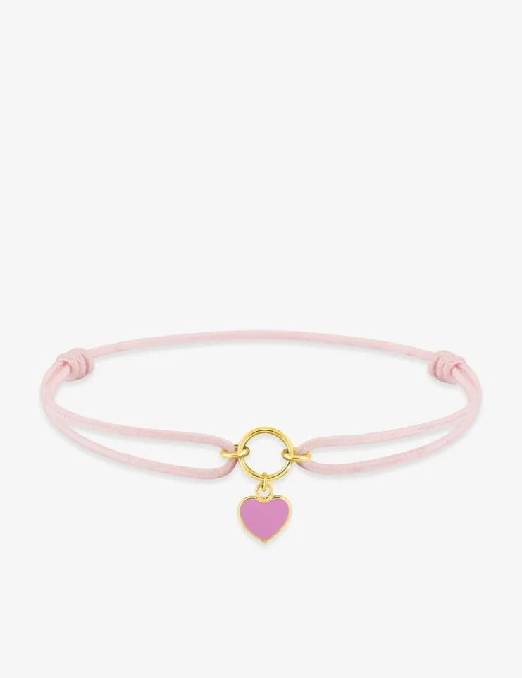 Bracelet cordon pour bébé avec breloque cœur, or jaune 375 ‰ et laque rose SO OR