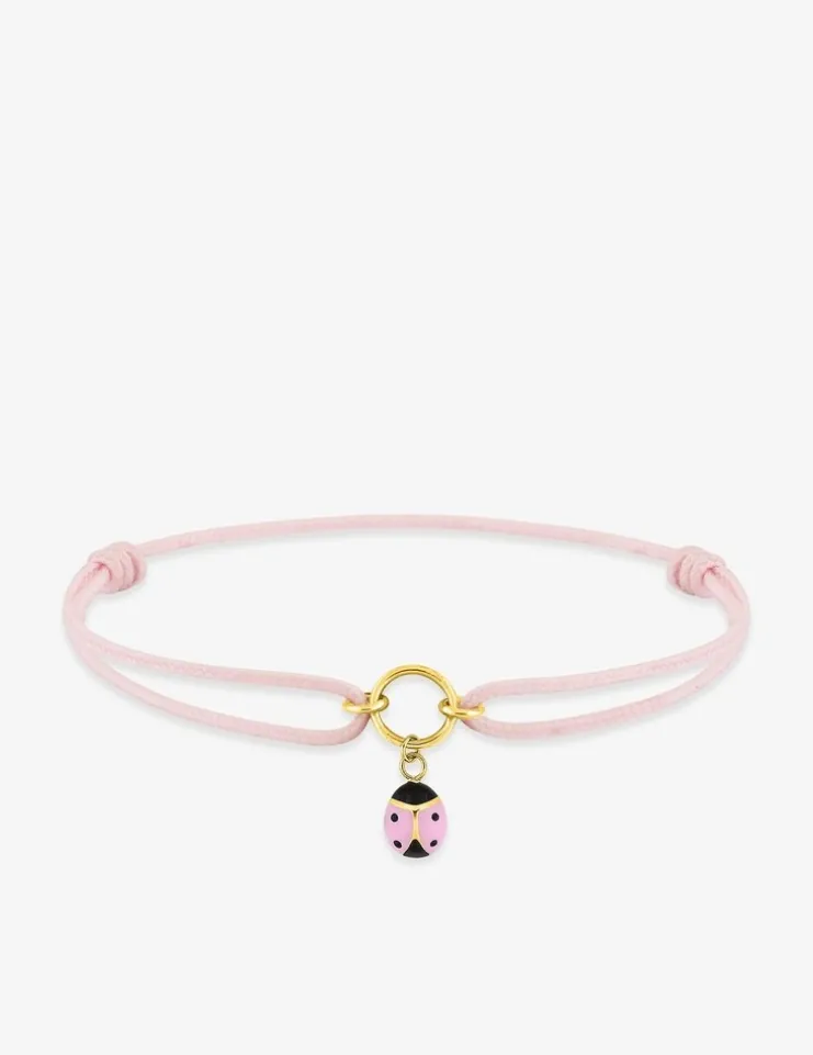 Bracelet cordon rose et pendentif or 375 ‰ coccinelle avec laque rose SO OR