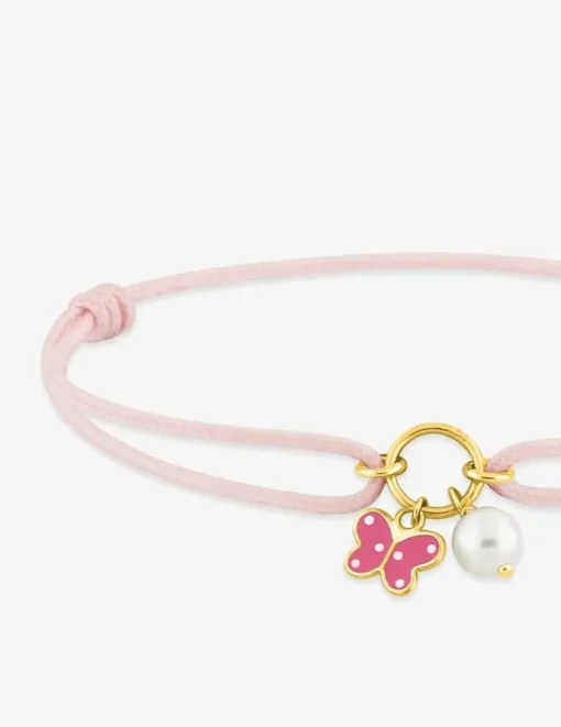 Bracelet cordon rose papillon or jaune 750‰ et perle de culture d'eau douce 4 mm SO OR