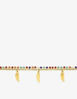 Bracelet cristaux synthétiques multicolores, chaîne et breloques plume acier doré SO OR