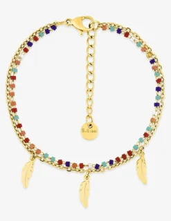 Bracelet cristaux synthétiques multicolores, chaîne et breloques plume acier doré SO OR