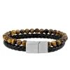 Bracelet double rang acier, œil-de-tigre et cuir synthétique tressé SO OR