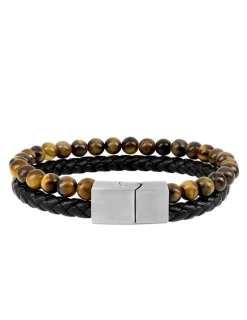 Bracelet double rang acier, œil-de-tigre et cuir synthétique tressé SO OR