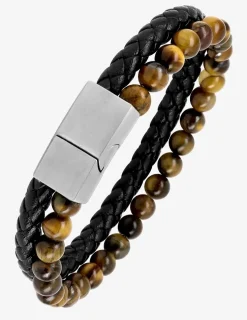 Bracelet double rang acier, œil-de-tigre et cuir synthétique tressé SO OR