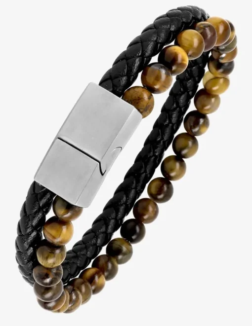 Bracelet double rang acier, œil-de-tigre et cuir synthétique tressé SO OR
