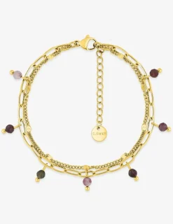 Bracelet doubles chaînes en acier doré, tourmaline rose SO OR