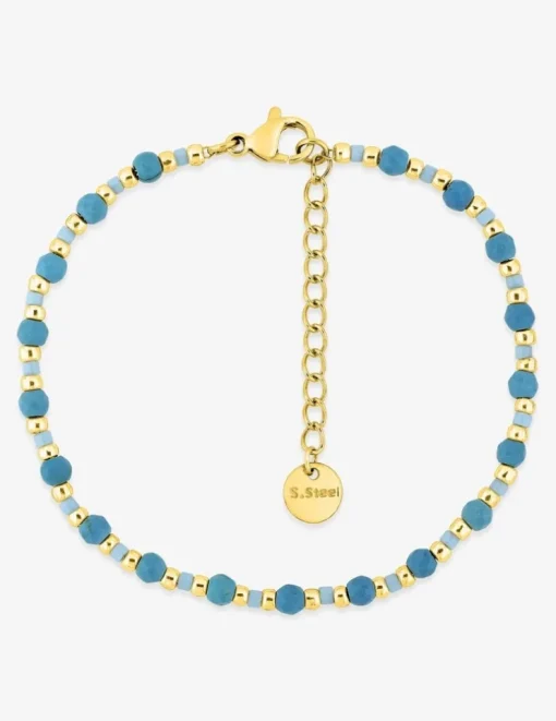 Bracelet en acier doré avec turquoises synthétique et boules de verre bleu SO OR