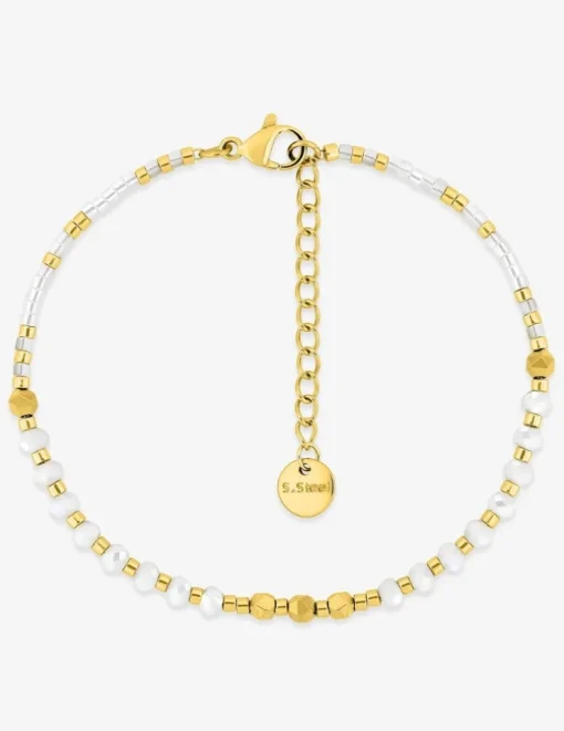 Bracelet en acier doré, boules de verre blanches SO OR