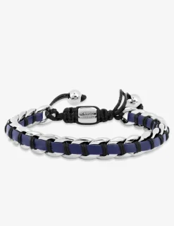 Bracelet en acier gris, cordon noir et cuir bleu SO OR
