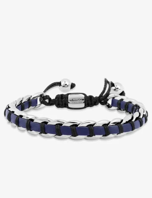 Bracelet en acier gris, cordon noir et cuir bleu SO OR
